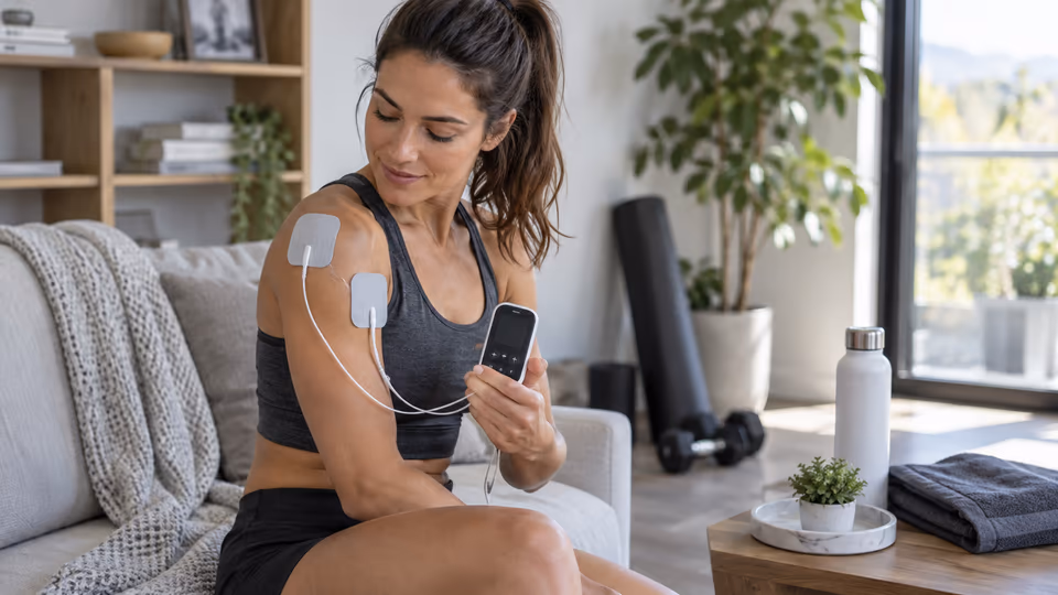 A person holding a controller connected to electrode pads on their shoulder