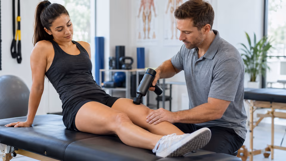 A practitioner and a seated person using a handheld device in a clinical setting
