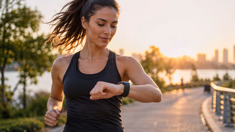 A runner looking at a wrist-worn device outdoors